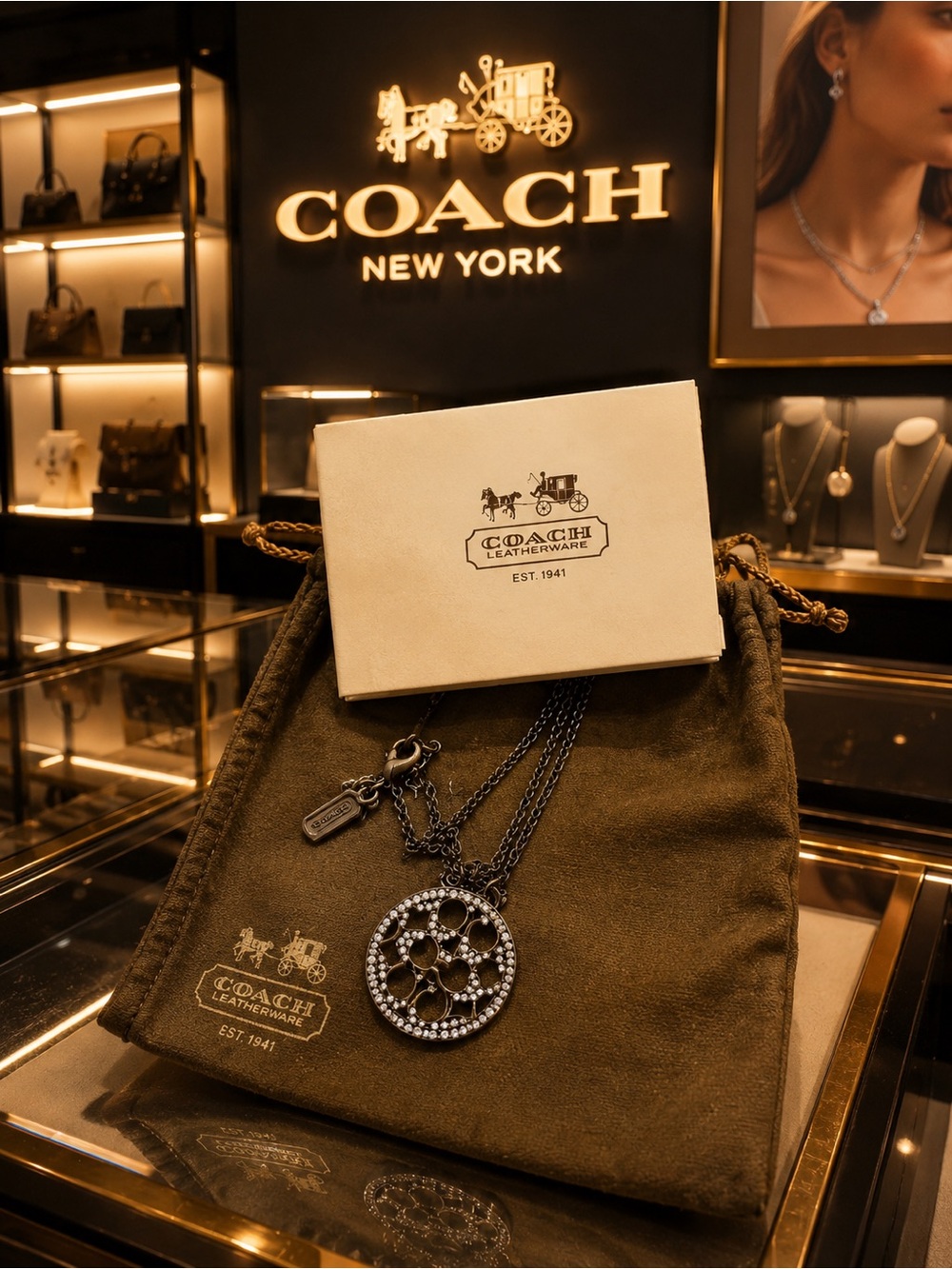 Coach Black & Silver Crystal Logo Pendant Necklace.